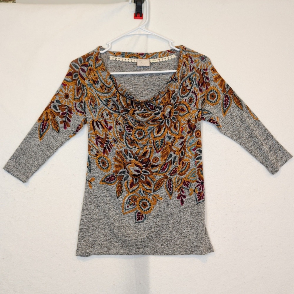 Anthropologie Postmark Womens XS Floral Paisley Cowl Neck 3/4 Sleeve Grey Top